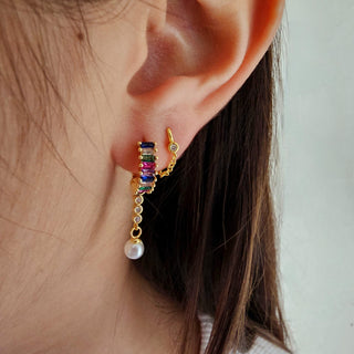 Baguette zirconia 16k coloured gem hoop earrings,Geometric rainbow hoops,gift for her,ear stacking hoops.