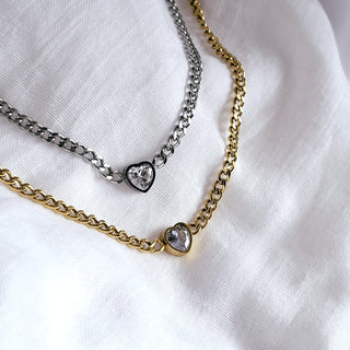 Cuban link Heart Charm choker pendant necklace Tarnishfree 18K Gold ,bold gold and silver neckace,solitaire heart thick chains necklace