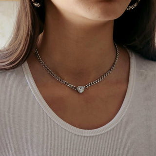 Cuban link Heart Charm choker pendant necklace Tarnishfree 18K Gold ,bold gold and silver neckace,solitaire heart thick chains necklace