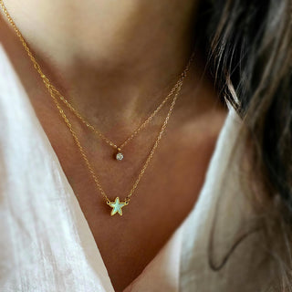 Double layered tarnishfree necklace starfish Charm pendant necklace 18K Gold and mother of pearl pendant thin chain adjustable necklace