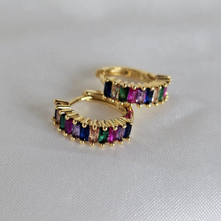 Baguette zirconia 16k coloured gem hoop earrings,Geometric rainbow hoops,gift for her,ear stacking hoops.