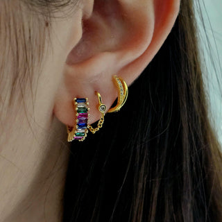 Baguette zirconia 16k coloured gem hoop earrings,Geometric rainbow hoops,gift for her,ear stacking hoops.