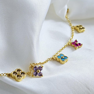 Clover four leaf 18K Gold multi pendant necklace adjustable chain,dainty multicoloured cubic zirconia jewellery,four leaf turquoise charms