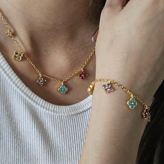 Clover four leaf 18K Gold multi pendant necklace adjustable chain,dainty multicoloured cubic zirconia jewellery,four leaf turquoise charms