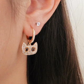 Owl Hoop earrings,14k gold Owl charm hoops,dangle drop lucky hoop earrings,quirky cubic zirconia bird earrings,gift for her