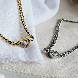 Cuban link Heart Charm choker pendant necklace Tarnishfree 18K Gold ,bold gold and silver neckace,solitaire heart thick chains necklace