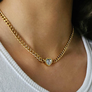 Cuban link Heart Charm choker pendant necklace Tarnishfree 18K Gold ,bold gold and silver neckace,solitaire heart thick chains necklace