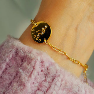 Reversible Zodiac 12 Constellation disc charm bracelets in 18K Gold tarnishfree,adjustable paper clip chain bracelet,double side engraved