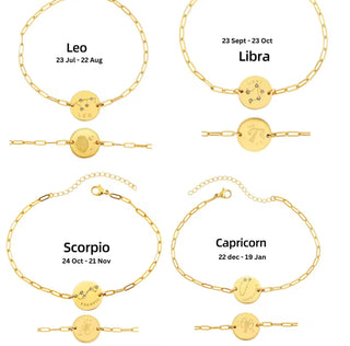 Reversible Zodiac 12 Constellation disc charm bracelets in 18K Gold tarnishfree,adjustable paper clip chain bracelet,double side engraved