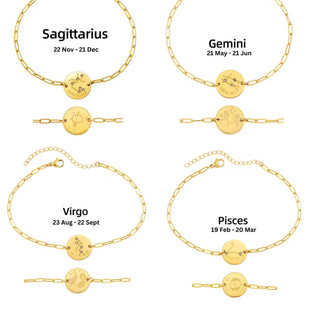 Reversible Zodiac 12 Constellation disc charm bracelets in 18K Gold tarnishfree,adjustable paper clip chain bracelet,double side engraved