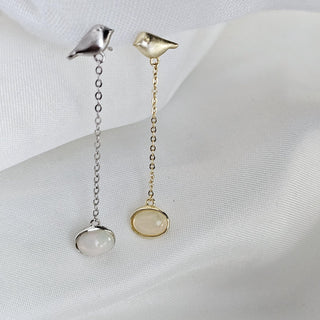 Bird Opal Gem long chain drop earrings, Sterling silver 14K light gold dangle drop stud earrings, Opal gemstone.