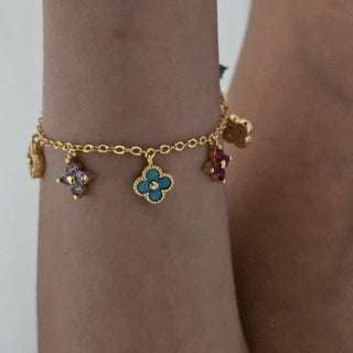 Clover four leaf 18K Gold multi pendant necklace adjustable chain,dainty multicoloured cubic zirconia jewellery,four leaf turquoise charms