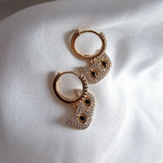 Owl Hoop earrings,14k gold Owl charm hoops,dangle drop lucky hoop earrings,quirky cubic zirconia bird earrings,gift for her