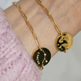 Reversible Zodiac 12 Constellation disc charm bracelets in 18K Gold tarnishfree,adjustable paper clip chain bracelet,double side engraved