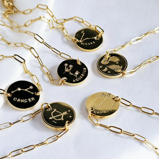 Reversible Zodiac 12 Constellation disc charm bracelets in 18K Gold tarnishfree,adjustable paper clip chain bracelet,double side engraved
