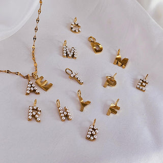 Initial Alphabet Pearl Letter charms 18K Gold Textured Letter necklace, symbol positivity,stacking pendant,waterproof,personalised jewellery