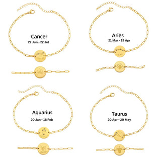 Reversible Zodiac 12 Constellation disc charm bracelets in 18K Gold tarnishfree,adjustable paper clip chain bracelet,double side engraved