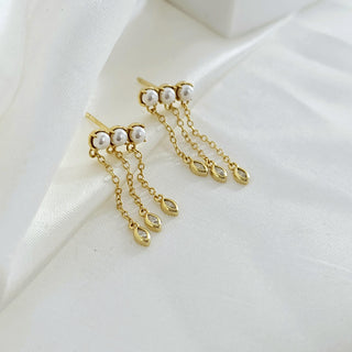 Chain drop Pearl Sterling silver gem dangle earrings,16K Gold chain drop earrings,dainty stud drop earrings marquise cz drop charms,stacking