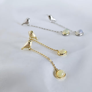 Bird Opal Gem long chain drop earrings, Sterling silver 14K light gold dangle drop stud earrings, Opal gemstone.