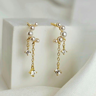 Pearl Sterling silver gem dangle earrings,16K Gold chain drop earrings,dainty stud drop earrings Crescent moon drop charms,stacking