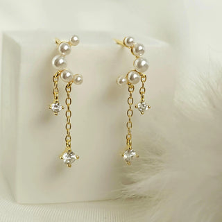 LUME Crescent Pearl gem Chain drop earrings