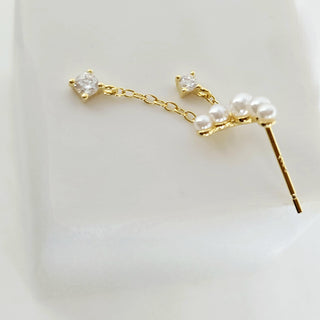 Pearl Sterling silver gem dangle earrings,16K Gold chain drop earrings,dainty stud drop earrings Crescent moon drop charms,stacking