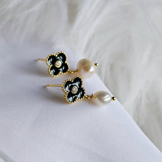 Clover Pearl 16K Gold stud dangle drop earrings,Green enamel earrings,baroque ivory shell pearl drop earring, four leaf clover earrings
