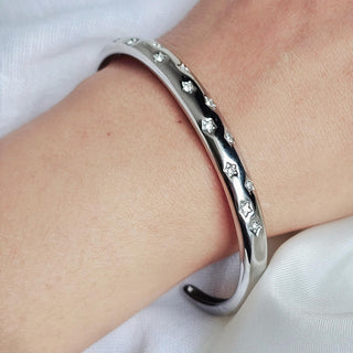 Star encrusted Tarnishfree Sterling Silver 18K Gold plated open cuff Hammered bracelet,celestial star dust stackable waterproof bangle