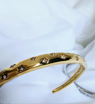 Star encrusted Tarnishfree Sterling Silver 18K Gold plated open cuff Hammered bracelet,celestial star dust stackable waterproof bangle