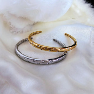 Star encrusted Tarnishfree Sterling Silver 18K Gold plated open cuff Hammered bracelet,celestial star dust stackable waterproof bangle