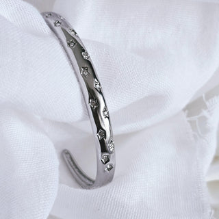 Star encrusted Tarnishfree Sterling Silver 18K Gold plated open cuff Hammered bracelet,celestial star dust stackable waterproof bangle