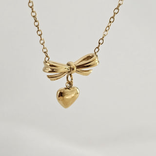 Bow charm tarnishfree 18k Gold filled premium pendant necklace,gift for her,dainty thin chain stacking necklace,dangling heart drop pendant