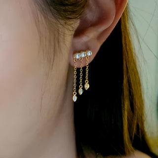 Chain drop Pearl Sterling silver gem dangle earrings,16K Gold chain drop earrings,dainty stud drop earrings marquise cz drop charms,stacking