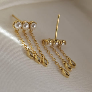 Chain drop Pearl Sterling silver gem dangle earrings,16K Gold chain drop earrings,dainty stud drop earrings marquise cz drop charms,stacking