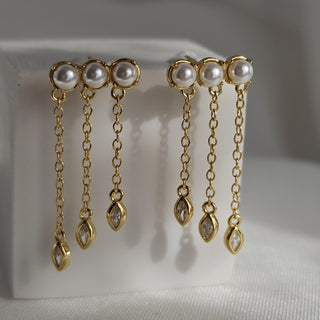 Chain drop Pearl Sterling silver gem dangle earrings,16K Gold chain drop earrings,dainty stud drop earrings marquise cz drop charms,stacking