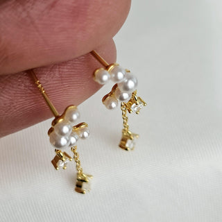 Pearl Sterling silver gem dangle earrings,16K Gold chain drop earrings,dainty stud drop earrings Crescent moon drop charms,stacking