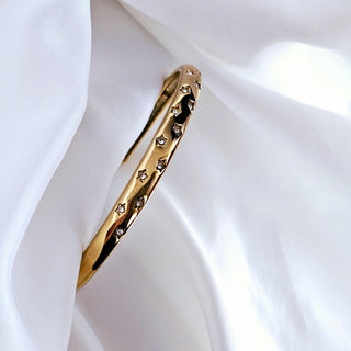 Star encrusted Tarnishfree Sterling Silver 18K Gold plated open cuff Hammered bracelet,celestial star dust stackable waterproof bangle