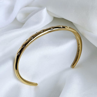 Star encrusted Tarnishfree Sterling Silver 18K Gold plated open cuff Hammered bracelet,celestial star dust stackable waterproof bangle