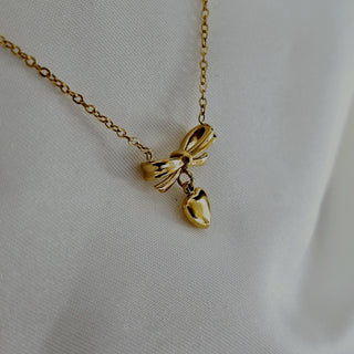 Bow charm tarnishfree 18k Gold filled premium pendant necklace,gift for her,dainty thin chain stacking necklace,dangling heart drop pendant