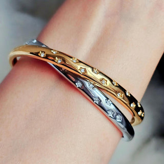 Star encrusted Tarnishfree Sterling Silver 18K Gold plated open cuff Hammered bracelet,celestial star dust stackable waterproof bangle