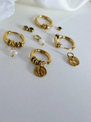 Detachable Charm Hoop Earrings in 18k gold pvd Waterproof tarnishfree ear stack Freshwater pearl hoops Coin disk charm, dangle drop earrring