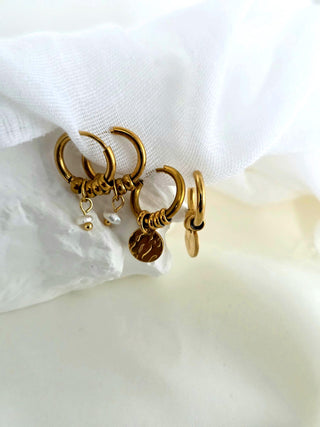 Detachable Charm Hoop Earrings in 18k gold pvd Waterproof tarnishfree ear stack Freshwater pearl hoops Coin disk charm, dangle drop earrring