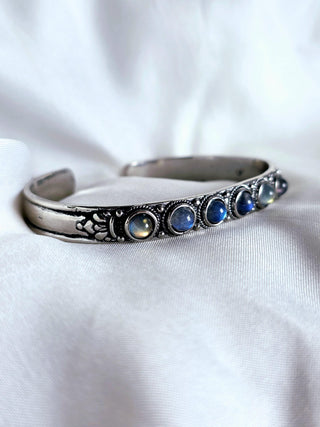 Rainbow Moonstone Sterling Silver Adjustable Cuff vintage style,oxidised silver jewellery,blue gemstone bracelet
