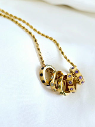 Birthstone Rings Stacker Charm Necklace, Choose your chain,coloured gem 18k gold personalize quirky customizable jewellery,gift for her