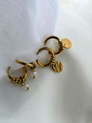 Detachable Charm Hoop Earrings in 18k gold pvd Waterproof tarnishfree ear stack Freshwater pearl hoops Coin disk charm, dangle drop earrring