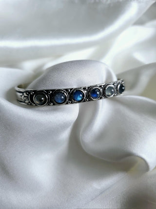 Rainbow Moonstone Sterling Silver Adjustable Cuff vintage style,oxidised silver jewellery,blue gemstone bracelet