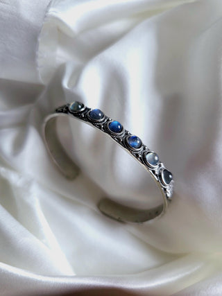Rainbow Moonstone Sterling Silver Adjustable Cuff vintage style,oxidised silver jewellery,blue gemstone bracelet