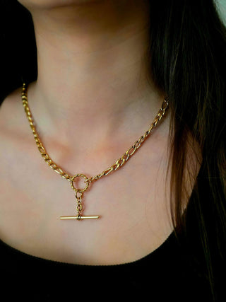 Tarnishfree 18K Gold T-Bar charm necklace,adjustable chunky cuban Chain,gift,O charm Necklace,balance Bar stacking gold necklace