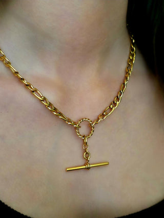 Tarnishfree 18K Gold T-Bar charm necklace,adjustable chunky cuban Chain,gift,O charm Necklace,balance Bar stacking gold necklace