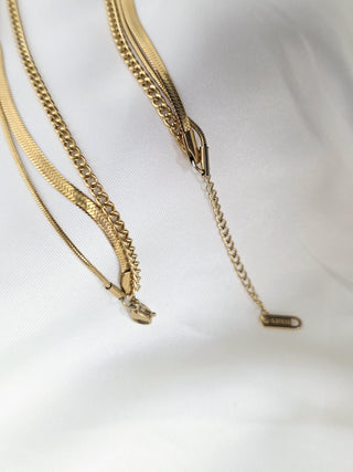 TarnishFree Premium 18k PVD Gold Triple Layered Necklace Snake and Curb Chain Essential Range Gift for her Adjustable multichain